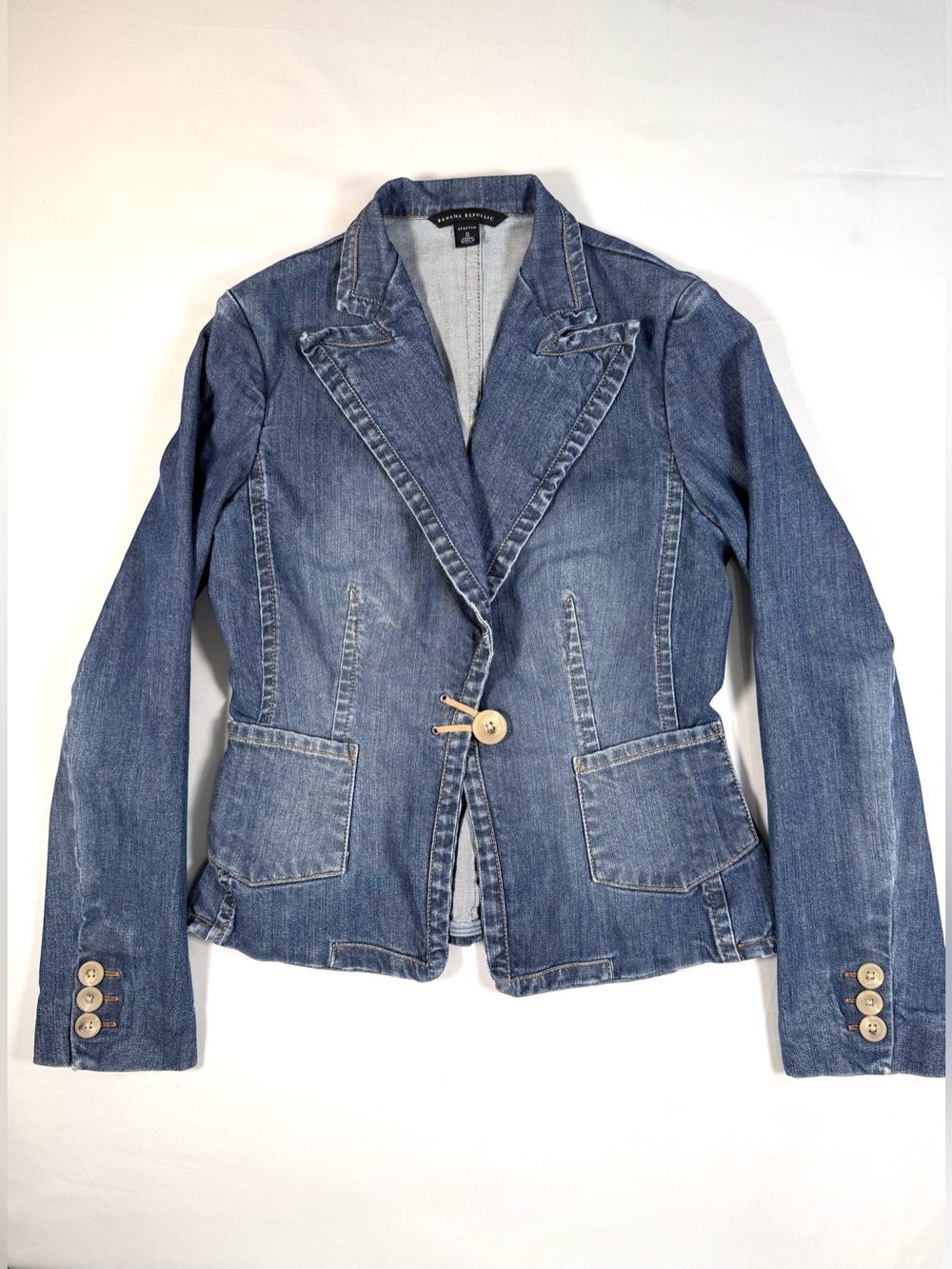 VINTAGE‎ BANANA REPUBLIC Y2K Denim Blazer Jacket 0 Indie Sleaze Model Off Duty